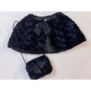Black Faux Fur Capelet And Purse Set Youth Large Girls Shawl Shrug Copper Key